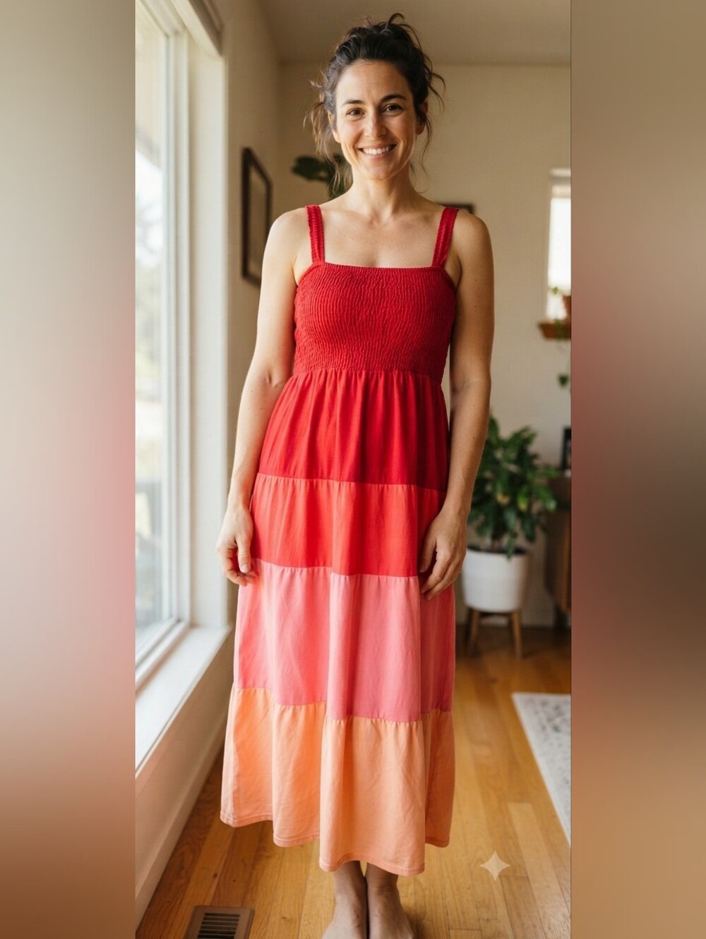 Vintage Y2K FADED GLORY Colorblock Smocked Midi Dress Cotton Pink Orange L Large
